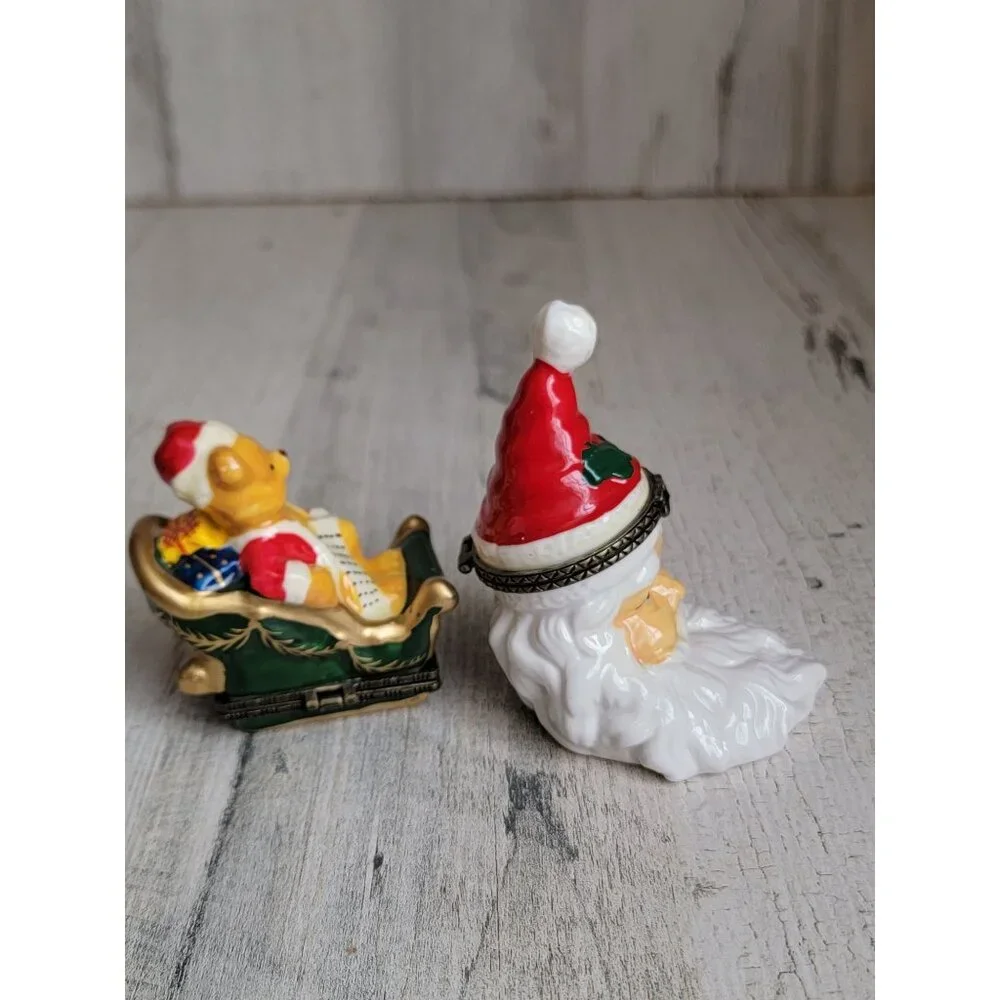 Vintage mini trinket box santa claus face bear sled figure‎ xmas